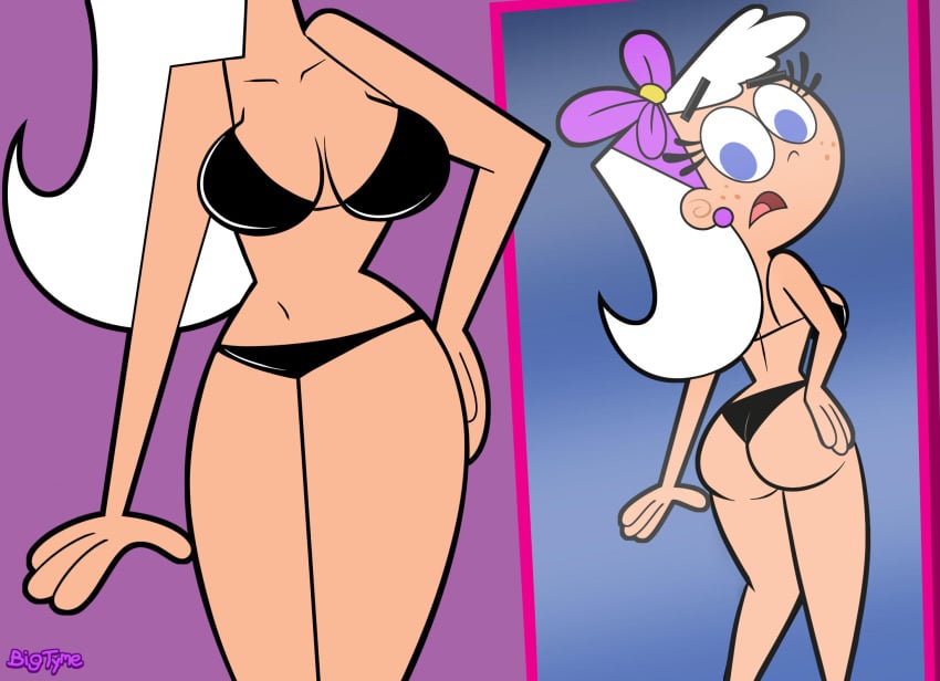 1girls accurate_art_style aged_up ass ass_view big_ass bigtyme black_bikini blonde_hair blue_eyes chloe_carmichael edit female female_only freckles looking_at_self mirror nickelodeon reference smooth_skin solo the_fairly_oddparents thick thin_female