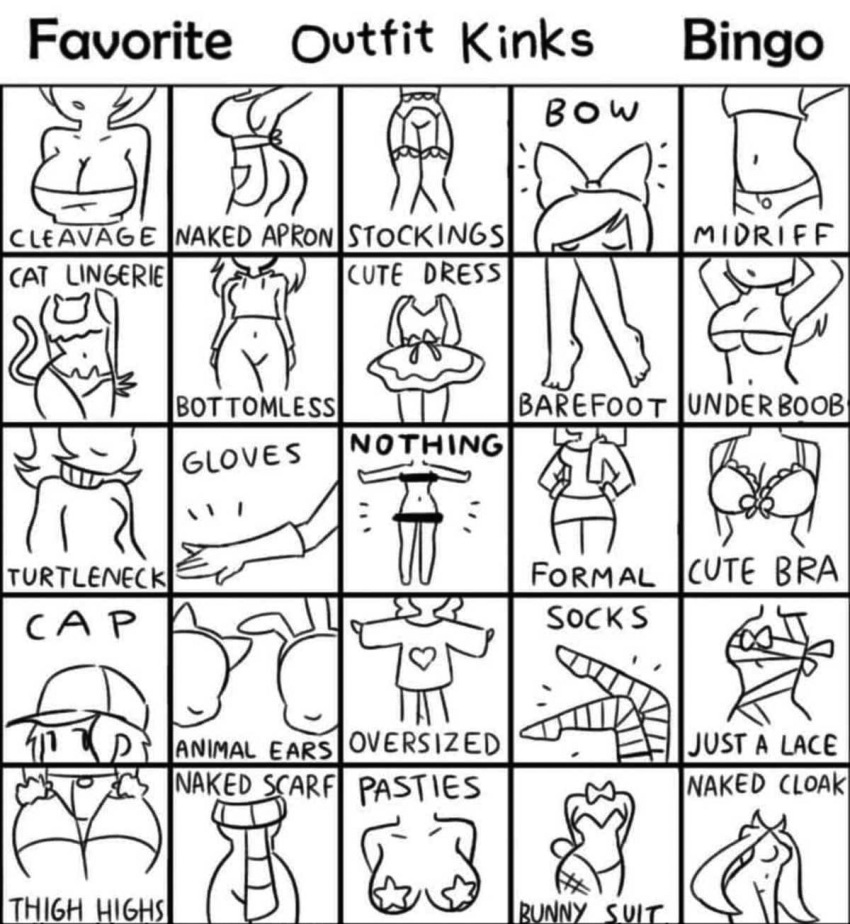 animal_ears barefoot baseball_cap bingo bingo_card black_and_white bottomless bow bra bunnysuit cap cat_lingerie cleavage clothing dress formal gloves kink lowres midriff naked_apron naked_cloak naked_scarf nebularts nude outfit oversized_clothes pasties ribbon_bondage socks stockings thighhighs turtleneck underboob