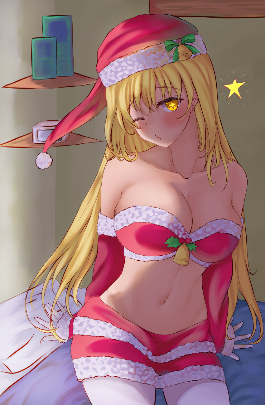 bedroom big_breasts blonde_hair cleavage female gold_eyes large_breasts navel santa_costume santa_hat santa_suit shokuhou_misaki sitting_on_bed solo solo_female star_eyes stomach to_aru_kagaku_no_railgun to_aru_majutsu_no_index zai_(artist)