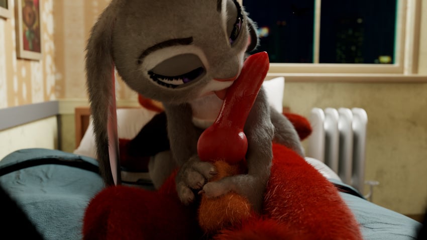 16:9 4k absurd_res animal_genitalia animal_penis anthro ball_fondling balls bed bedding bedroom_setting canid canine canine_penis disney duo fellatio female flat_chest fondling fox furniture genitals hi_res holding_penis huge_filesize judy_hopps lagomorph leporid licking male mammal nick_wilde night oldwing oral penile penis penis_lick rabbit realistic sex straight tongue tongue_out widescreen zootopia