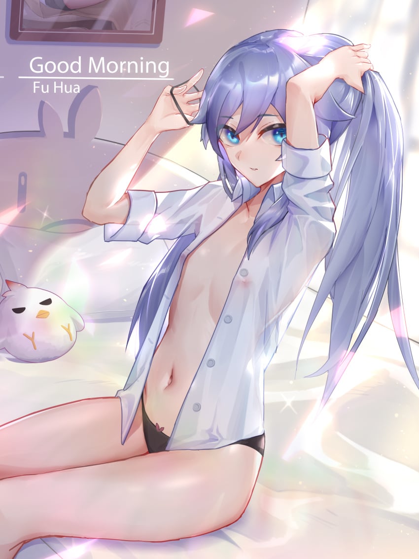 black_panties blue_eyes flat_chested fu_hua gray_hair honkai_(series) honkai_impact honkai_impact_3rd jingwei_(honkai_impact) on_bed panties see-through shirt wucanming