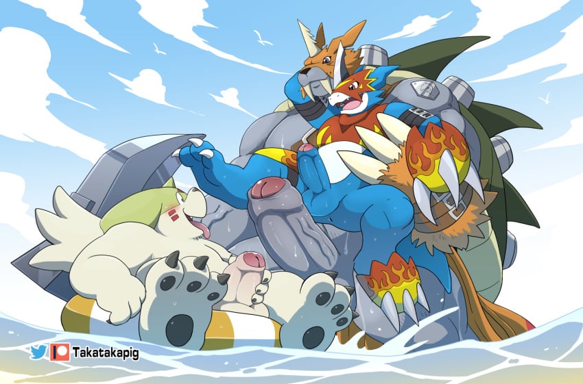 2020 anthro balls big_penis blue_body digimon digimon_(species) erection flamedramon foreskin gargomon gay genitals group humanoid_genitalia humanoid_penis male male/male male_only masturbation muscular muscular_male outside overweight overweight_male penis sitting takataka tongue tongue_out water white_body yaoi zudomon