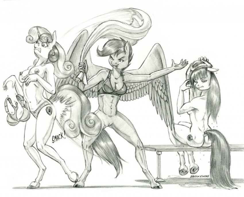 aged_up anthro anthrofied apple_bloom_(mlp) ass baron_engel bottomless bra breasts clothed clothing cutie_mark_crusaders_(mlp) earth_pony equid equine female female/female friendship_is_magic genitals graphite_(artwork) group hair_on_head hasbro horn horse mammal monochrome my_little_pony nipples nude panties partial_nudity pegasus pencil_(artwork) pony pussy scootaloo_(mlp) sweetie_belle_(mlp) topless towel towel_snap towel_whip traditional_media_(artwork) underwear unguligrade_anthro unicorn wings yuri