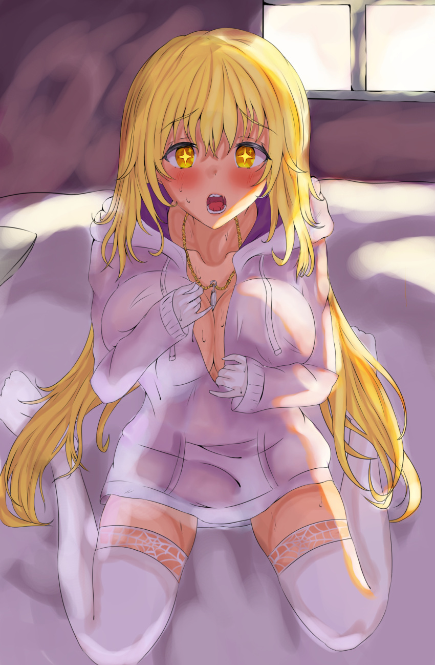 big_breasts blonde_hair cleavage female gold_eyes hoodie large_breasts shokuhou_misaki sitting_on_bed solo solo_female star_eyes to_aru_kagaku_no_railgun to_aru_majutsu_no_index zai_(artist)