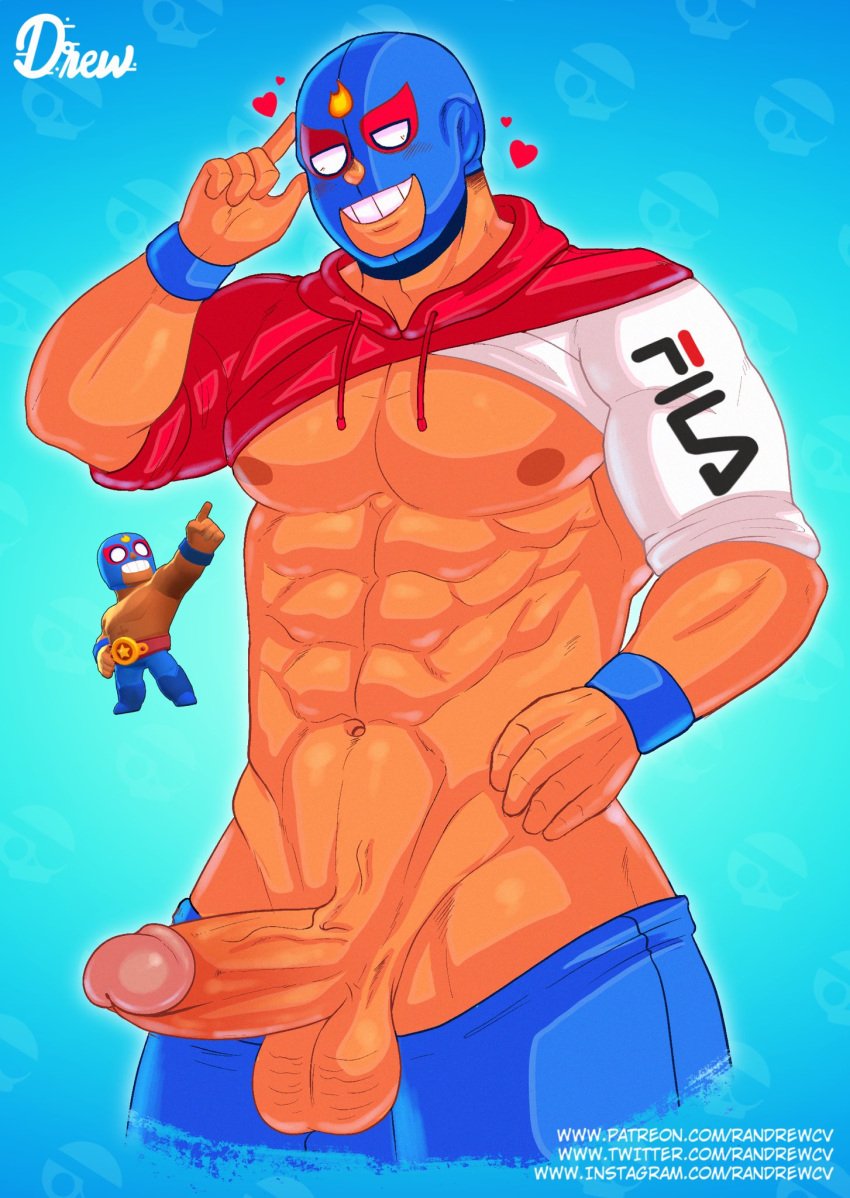 1boy 5_fingers abs balls balls_out bara big_penis brawl_stars clothing el_primo_(brawl_stars) erect_nipples erection exposed_nipples heart hearts huge_cock luchador luchador_mask male male_only mask masked muscles pants_down pecs penis penis_out presenting_penis randrewcv retracted_foreskin salute shirt_up solo_male thick_penis veiny_penis wrestler wristband