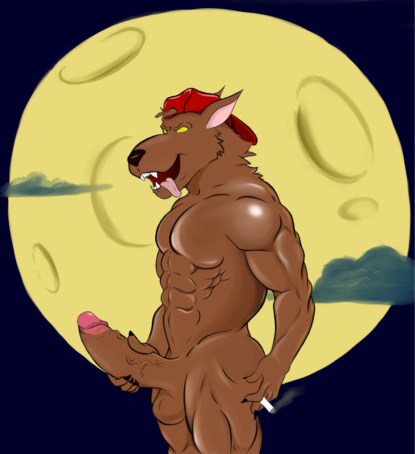 abs absurd_res anthro balls big_penis brown_body brown_fur canid canine cigarette clothing fur genitals gypsy_king_(artist) hat headgear headwear hi_res holding_penis huge_cock humanoid_genitalia humanoid_penis hyper hyper_genitalia hyper_penis male male_only mammal moo moon muscular muscular_anthro muscular_male nude penis simple_background smile smoking solo tongue vein were werecanid werecanine werewolf