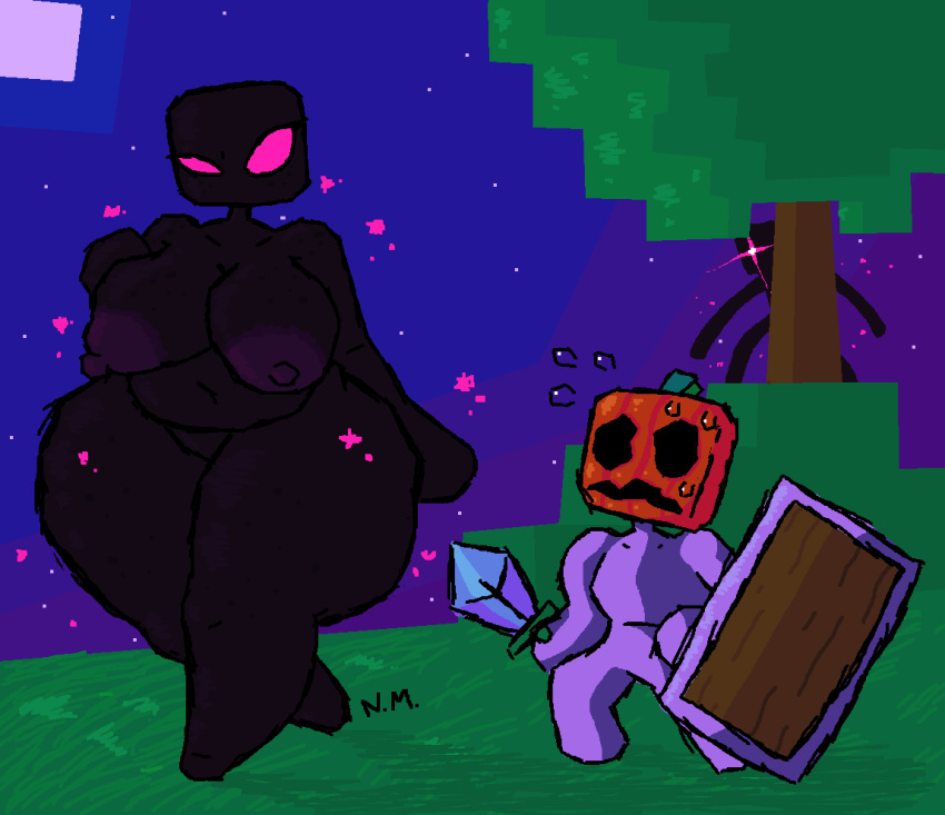 2020 2boys artist_upload big_ass big_belly big_breasts big_butt chubby chubby_female dark-skinned_female dark_skin enderman enderwoman female large_areolae large_ass large_breasts larger_female minecraft sleepyslut