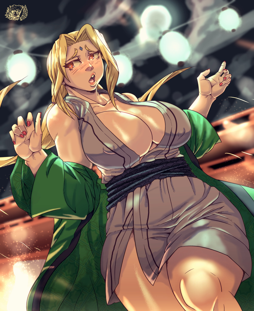 1girls bare_shoulders big_breasts blonde_hair blush bottomless breasts brown_eyes cleavage clothed_female erect_nipples erect_nipples_under_clothes facial_mark female female_only forehead_mark haori huge_breasts kbloodsaw kimono large_breasts long_hair nail_polish naruto naruto_(series) naruto_shippuden nipples off_shoulder open_mouth partially_clothed red_nails sash short_kimono sleeveless thick_thighs tied_hair tsunade twintails wide_hips