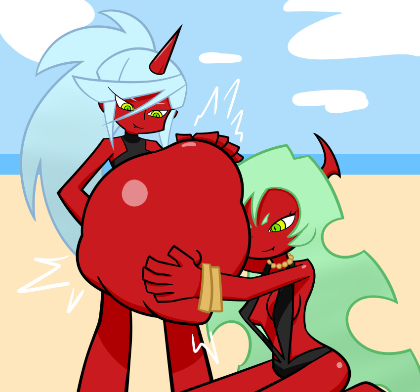 2girls beach belly big_belly big_breasts bikini breasts demon demon_girl demoness female fetal_movement huge_belly kneesocks_daemon malkarmaze panty_&_stocking_with_garterbelt pregnant red_skin scanty_daemon sideboob