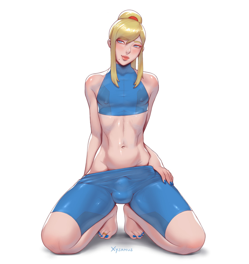 bulge casual_outfit_(metroid) crop_top feet femboy genderswap_(ftm) girly male_focus male_only metroid nintendo nipples rule_63 samus_aran shorts solo toenail_polish trap xysamus