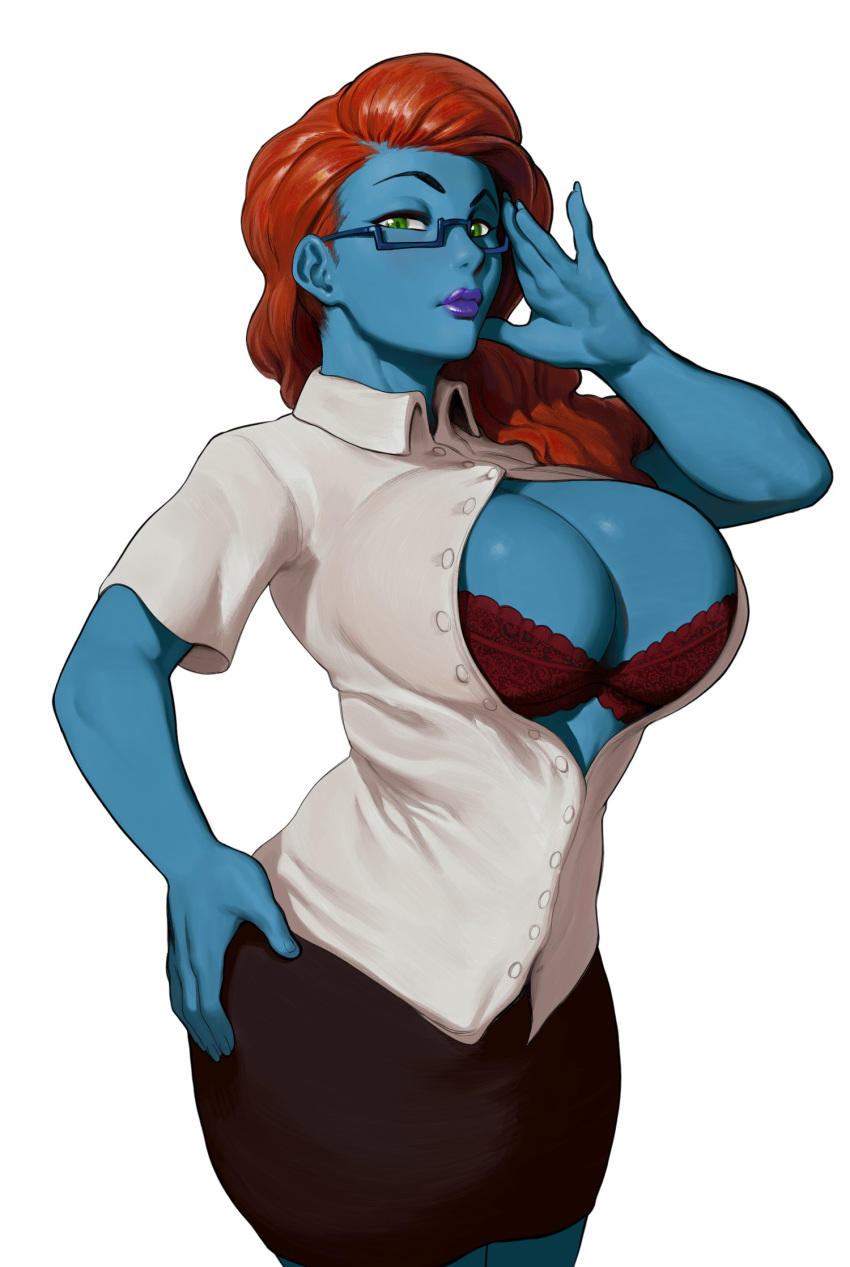 1girls big_breasts blue_skin bra breasts cleavage exposed_breasts female female_only glasses green_eyes hand_on_hip huge_breasts large_breasts long_hair looking_at_viewer modeseven office_lady open_blouse open_shirt parasite_infection red_hair redhead skirt solo solo_female