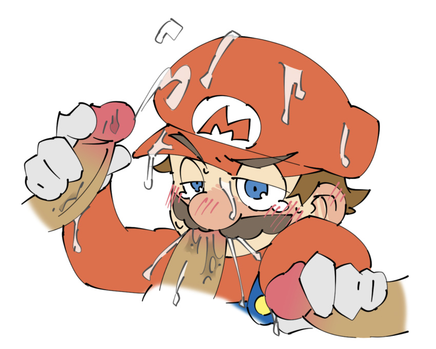 4boys blowjob blue_eyes brown_hair clothed clothing color cum cum_in_mouth cum_on_clothes cumshot disembodied_penis fellatio foursome gay glans gloves half-closed_eyes handjob human male male_only mario mario_(series) mmmm_foursome moustache multiple_boys nintendo oral oral_sex penis shirt simple_background tears white_background yaoi