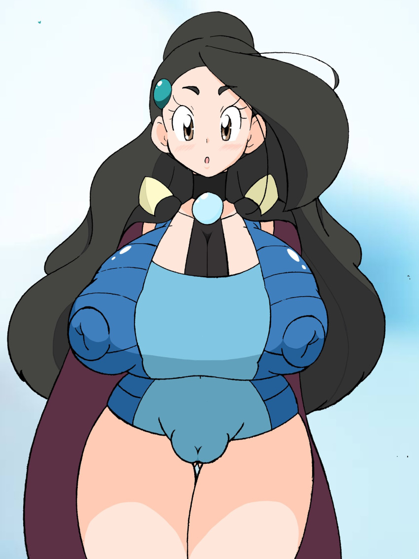 1girls alternate_breast_size big_breasts black_hair blush bodysuit breasts brown_eyes cameltoe candice_(pokemon) cape choker clair_(pokemon)_(cosplay) cosplay erect_nipples female female_only gym_leader_(cosplay) huge_breasts large_breasts long_hair necklace nintendo nipples nipples_visible_through_clothing nuruudon open_mouth pale-skinned_female pale_skin pokemon pokemon_dppt skin_tight solo solo_female standing thick_thighs wide_hips