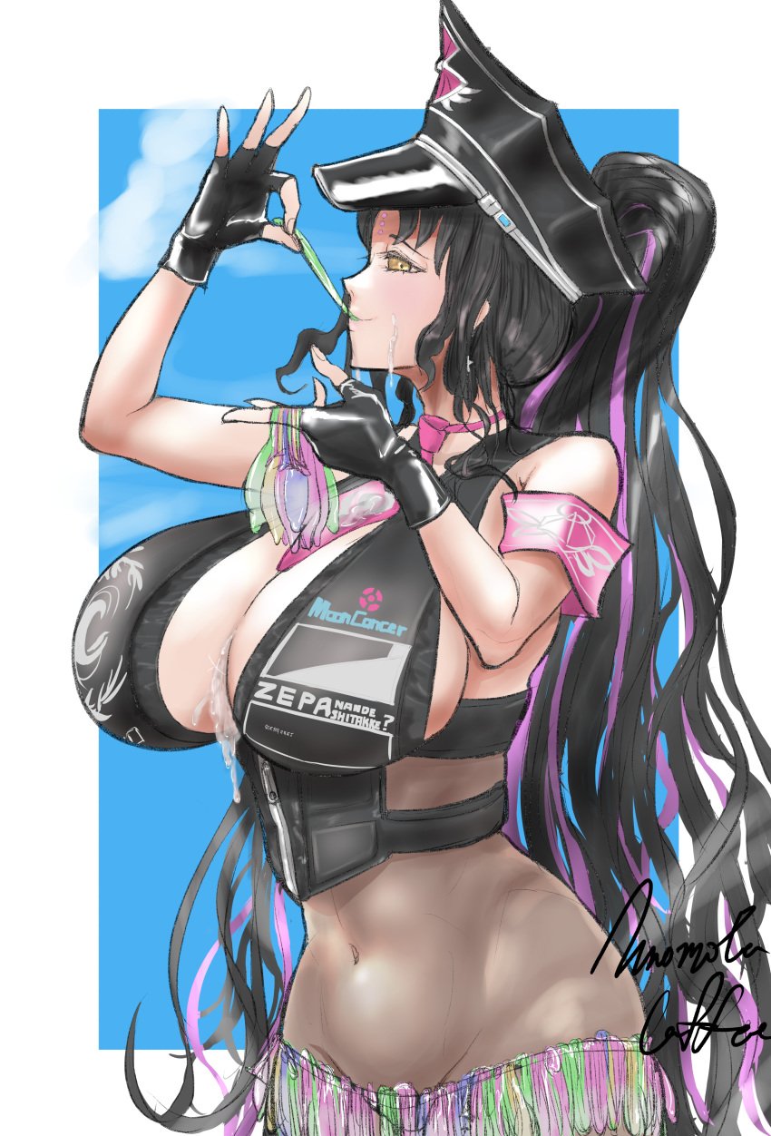 1girls armband artist_name artist_signature black_vest blue_background blue_sky condom condom_belt condom_in_mouth cum_between_breasts cum_on_face drinking_from_condom fate/extra_ccc fate/grand_order fate_(series) female holding_condom large_breasts latex_gloves long_hair looking_at_viewer pink_armband pink_tie police_hat purple_streak sesshouin_kiara sesshouin_kiara_(swimsuit_mooncancer)_(fate) sky smiling smiling_at_viewer tie tied_hair vest white_background yellow_eyes