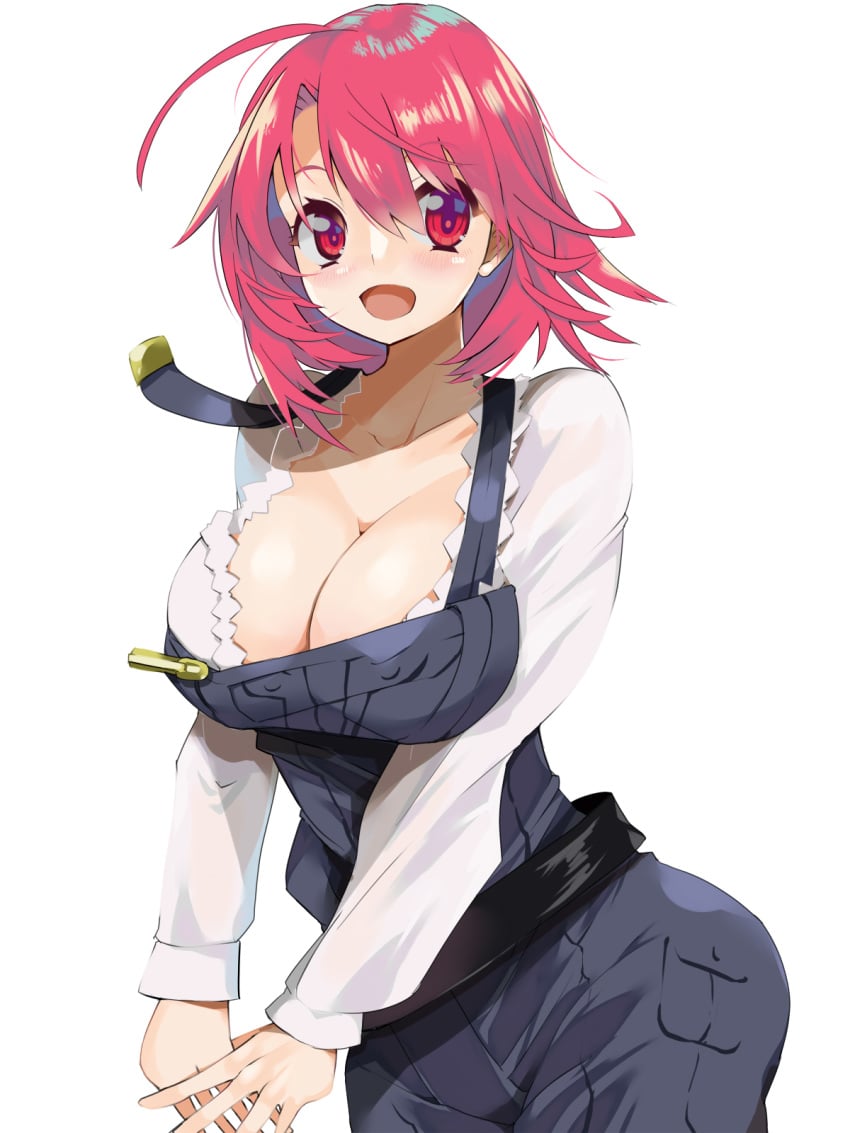 apron blazeillust cleavage cow_girl_(goblin_slayer) female goblin_slayer large_breasts looking_at_viewer open_mouth red_eyes red_hair short_hair smiling