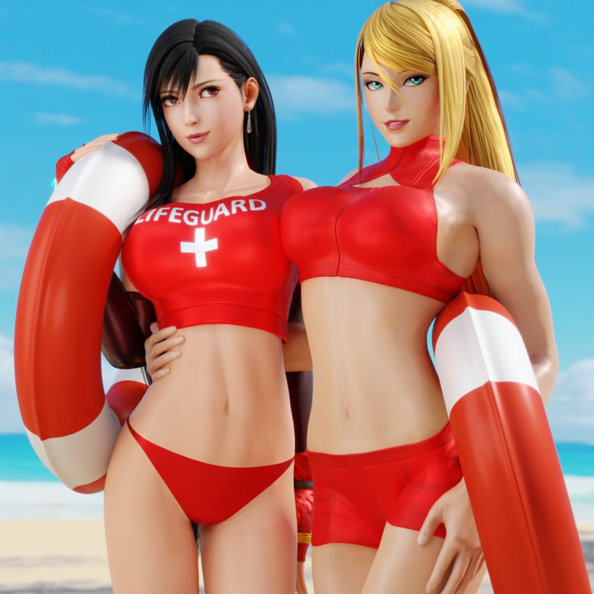 2girls 3d adeptusinfinitus beach belly bikini bikini_bottom bikini_shorts black_hair blender blonde_hair blue_eyes breasts brown_eyes clothing elbow_gloves final_fantasy final_fantasy_vii fit fit_female green_eyes hips life_preserver lifeguard long_hair metroid navel nintendo ponytail posing red_eyes samus_aran shorts sports_bikini thighs tifa_lockhart