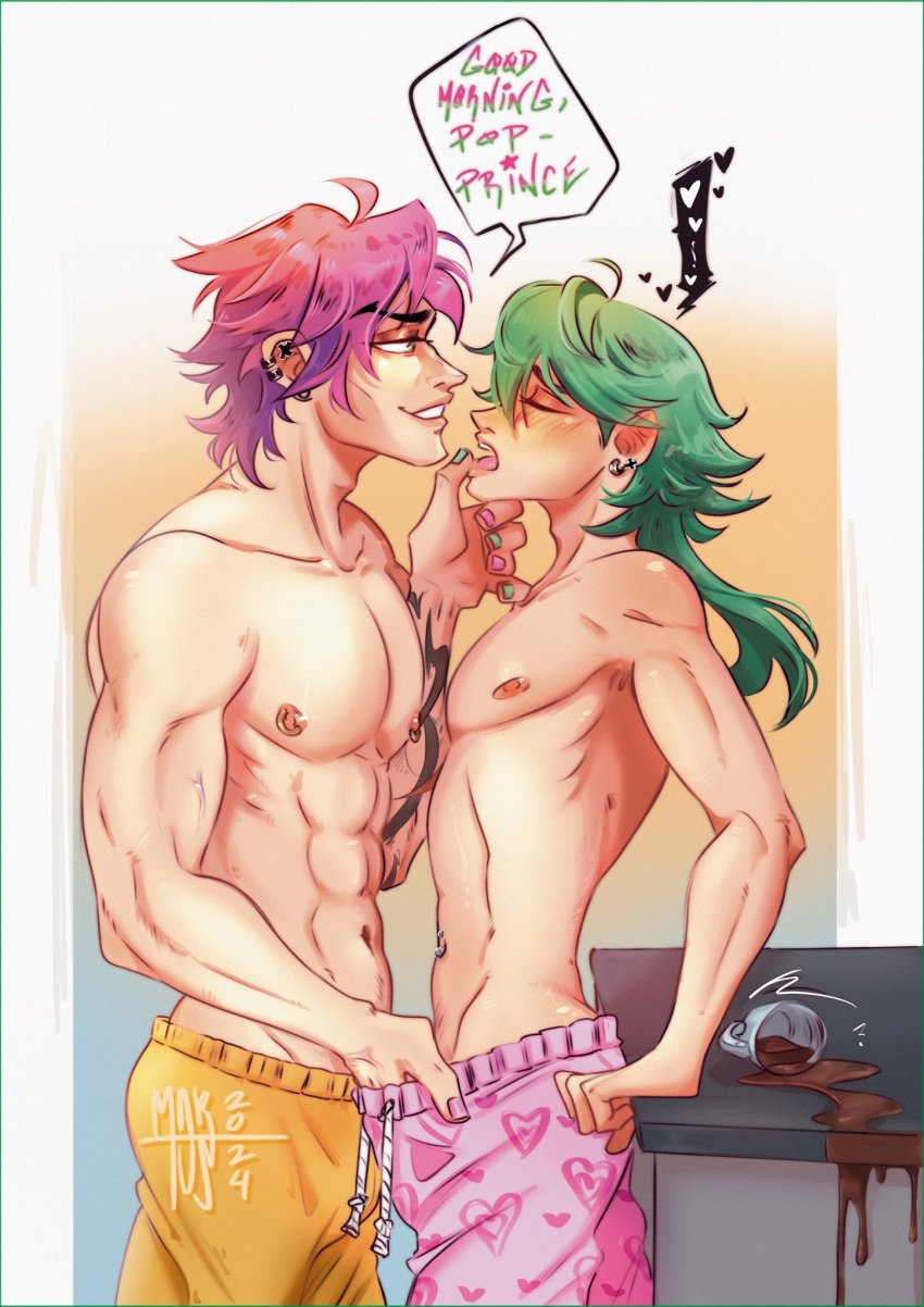 2boys abs chest closed_eyes ezreal gay green_hair hand_in_underwear handjob heartsteel_ezreal heartsteel_kayn heartsteel_series implied_handjob kayn league_of_legends long_hair long_hair_male male male/male male_focus male_only martus masturbation muscular muscular_male nipples pants pecs pectorals pierced_nipples saliva saliva_trail shirtless shirtless_male table text twink two_tone_hair yaoi