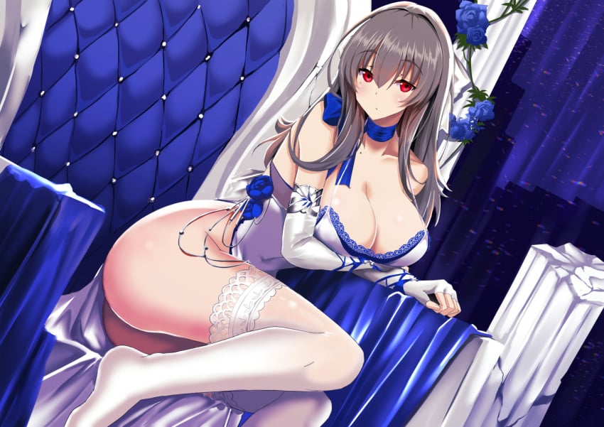 1girls arm_support arm_under_breasts ass azur_lane beauty_mark blue_rose blush breasts choker cleavage clothed dress elbow_gloves female fingerless_gloves gloves grey_hair indoors iris_libre_(azur_lane) light-skinned_female light_skin long_hair looking_at_viewer minato_yoshihiro red_eyes rose saint-louis_(azur_lane) saint-louis_(holy_knight's_resplendence)_(azur_lane) sitting solo solo_focus thighhighs throne white_gloves white_legwear