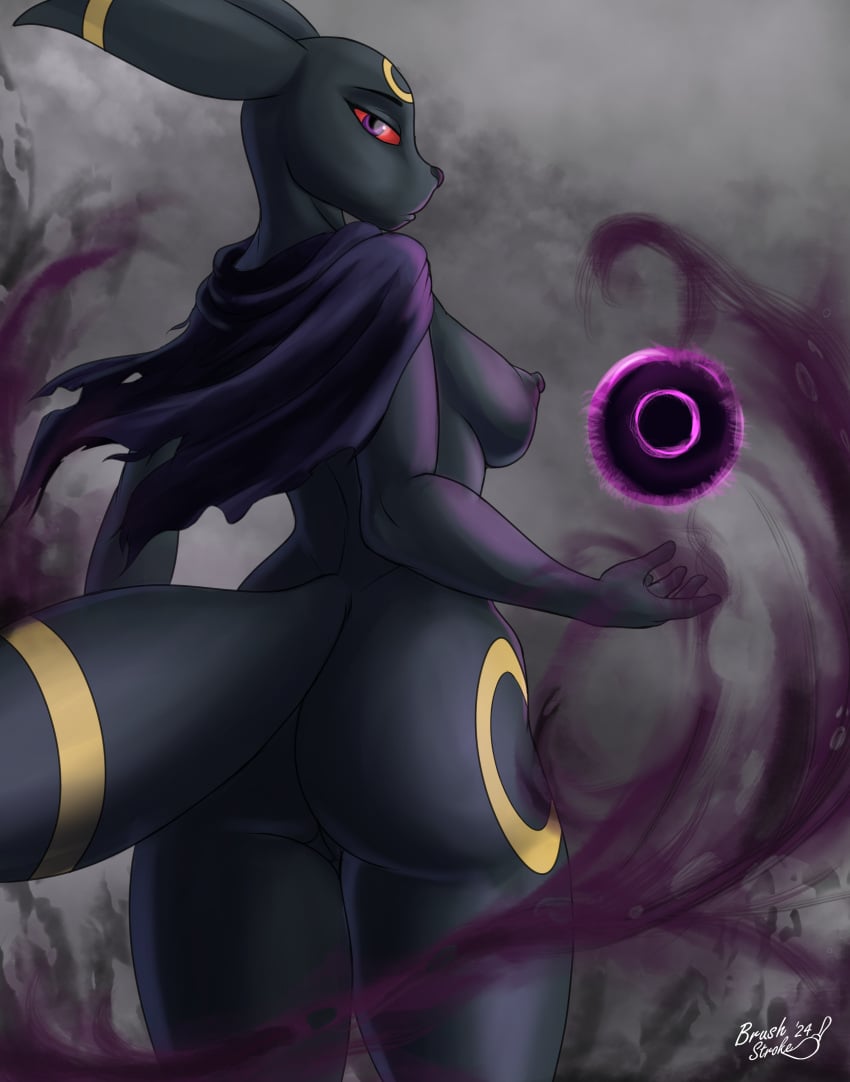 2024 absurd_res anthro artist_name ass biped black_nipples breasts brushstroke clothing digital_media_(artwork) eeveelution eyebrows female fingers generation_2_pokemon genitals hi_res looking_at_viewer looking_back nintendo nipples pokemon pokemon_(species) pussy red_sclera shadow_ball solo tail umbreon