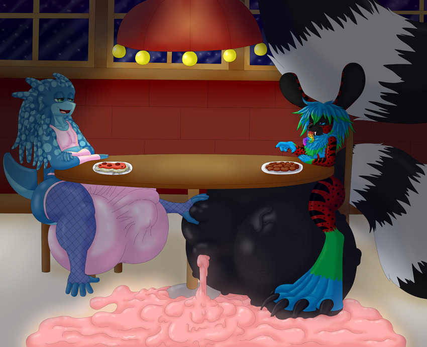 2boys alien anthro black_fur blue_skin bulge bulge_grab dinner_table excessive_precum furry groping hyper_bulge male_only pink precum senos