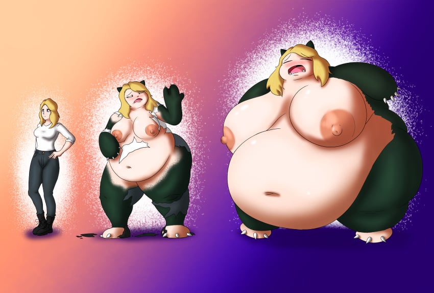 blonde_female blonde_hair monster pokémon_(species) pokemon snorlax snorlax_transformation source_request transformation