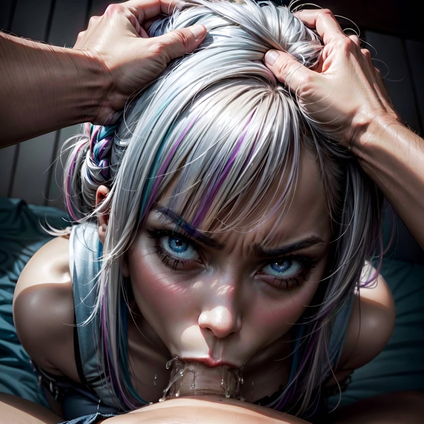 1girls ai_generated angry angry_face angry_fellatio arbitrary bare_shoulders blowjob blue_eyes cum cum_in_mouth deepthroat face_fucking fellatio female_focus forced_oral gawr_gura hand_on_head head_grab hi_res hololive hololive_english oral oral_creampie penis_in_mouth pov pov_eye_contact realistic stable_diffusion throat_fuck virtual_youtuber