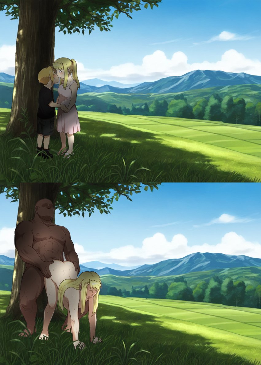 1boy 1girls abasta against_tree aged_up ai_generated barefoot before_and_after black blonde_hair breasts brown_eyes cheating childhood_friend cute dark-skinned_male dark_skin doggy_style edward_elric feet female female_orgasm friendzoned fullmetal_alchemist grabbing grass grass_field interracial kissing landscape light-skinned_female nature_background netorare ntr on_fours orgasm outside_sex past_and_present sex smug time_lapse time_skip tree under_tree vaginal_penetration vaginal_sex winry_rockbell