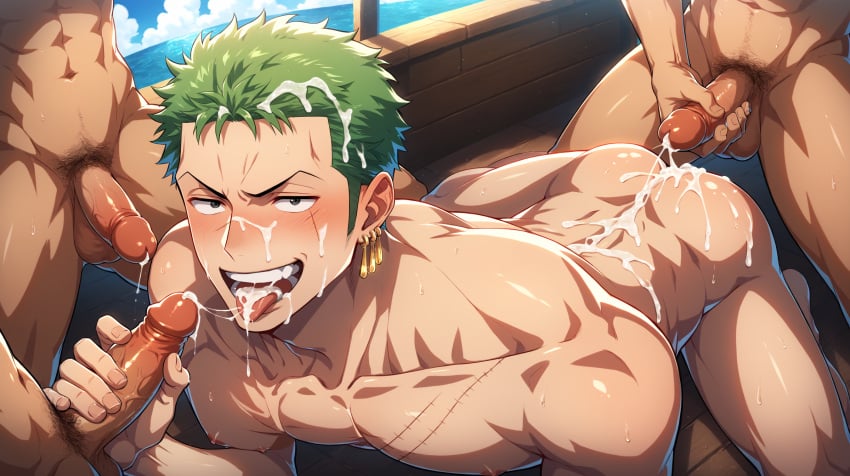 4boys ai_generated cum cum_in_hair cum_in_mouth cum_on_ass cum_on_back cum_on_body cum_on_face cum_on_tongue gay male male_only one_piece roronoa_zoro spitroast yamixxxai yaoi