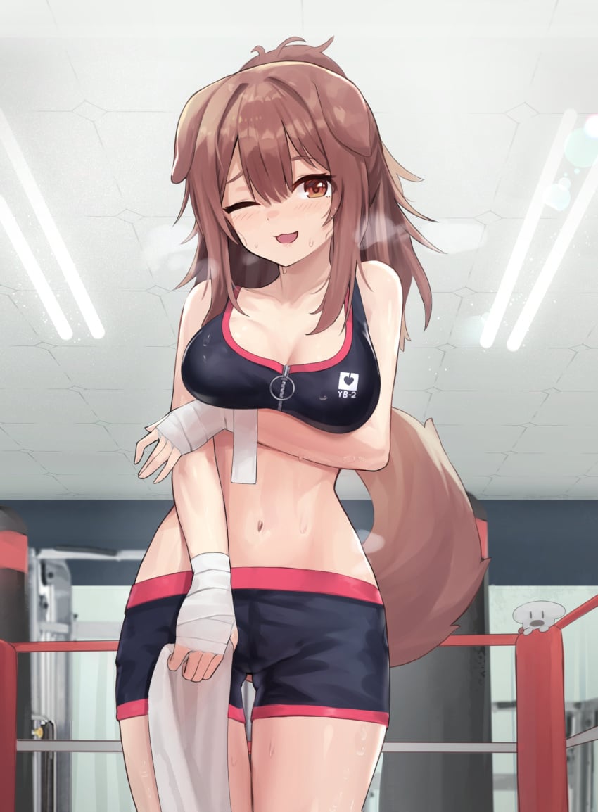 1girls animal_ears belly_button breasts brown_eye brown_hair dog_ears dog_girl dog_tail female hololive hololive_gamers hololive_japan huge_breasts indoors inugami_korone light-skinned_female light_skin one_eye_closed pointy_chin room solo tagme tail virtual_youtuber wink woogi_(duguddnr)