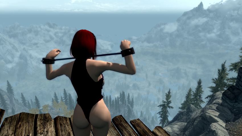 1girls 3d back_view bondage bound_wrists dirkjag leotard mod red_hair skyrim yoke_(restraint)