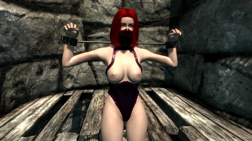 1girls 3d bondage bound bound_wrists dirkjag face_mask lingerie mod red_hair skyrim