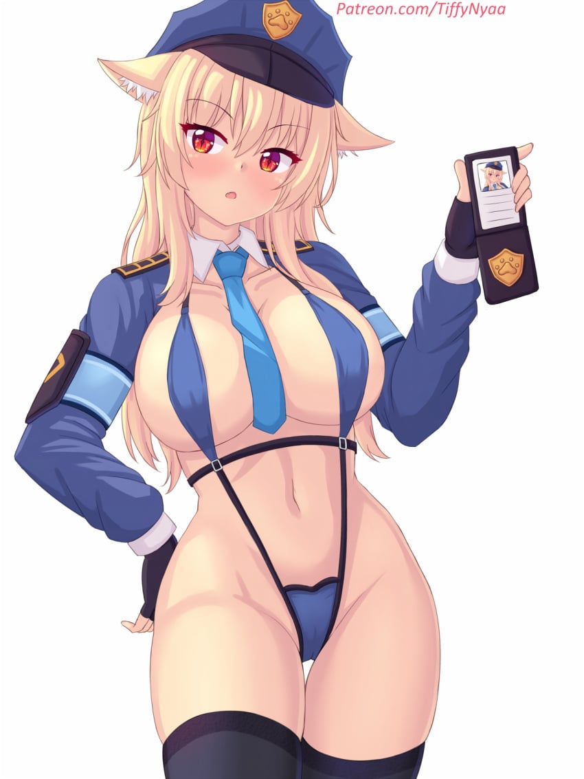 1girls blonde_hair breasts female female_only fully_clothed hi_res hips huge_breasts light-skinned_female light_skin long_hair nails police police_uniform policewoman red_eyes revealing_clothes skimpy_clothes sling_bikini stockings thick_thighs thighs tiffy tiffynyaa uniform wide_hips