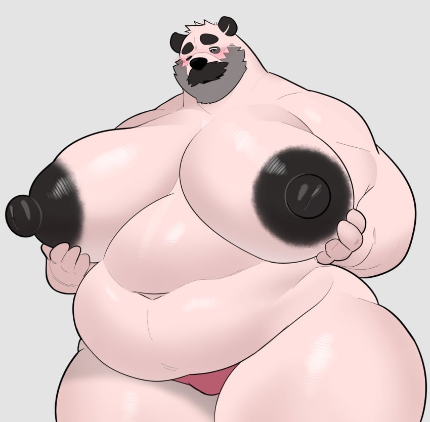 1boy anthro bara_tiddies bara_tits bear belly big_belly big_breasts big_chest big_nipples big_pecs big_pectorals black_nipples blush chest chubby chubby_anthro chubby_male facial_hair furry gay holding_breasts huge_pecs hyper_pecs hyper_pectorals kemono large_pectorals male male_anthro male_breasts male_only manboobs massive_pecs mature mature_anthro mature_male milkblend moobs muscular muscular_anthro muscular_male nipples original_character panda pecs pectorals pink_fur pink_skin pom_(milkblend) underwear