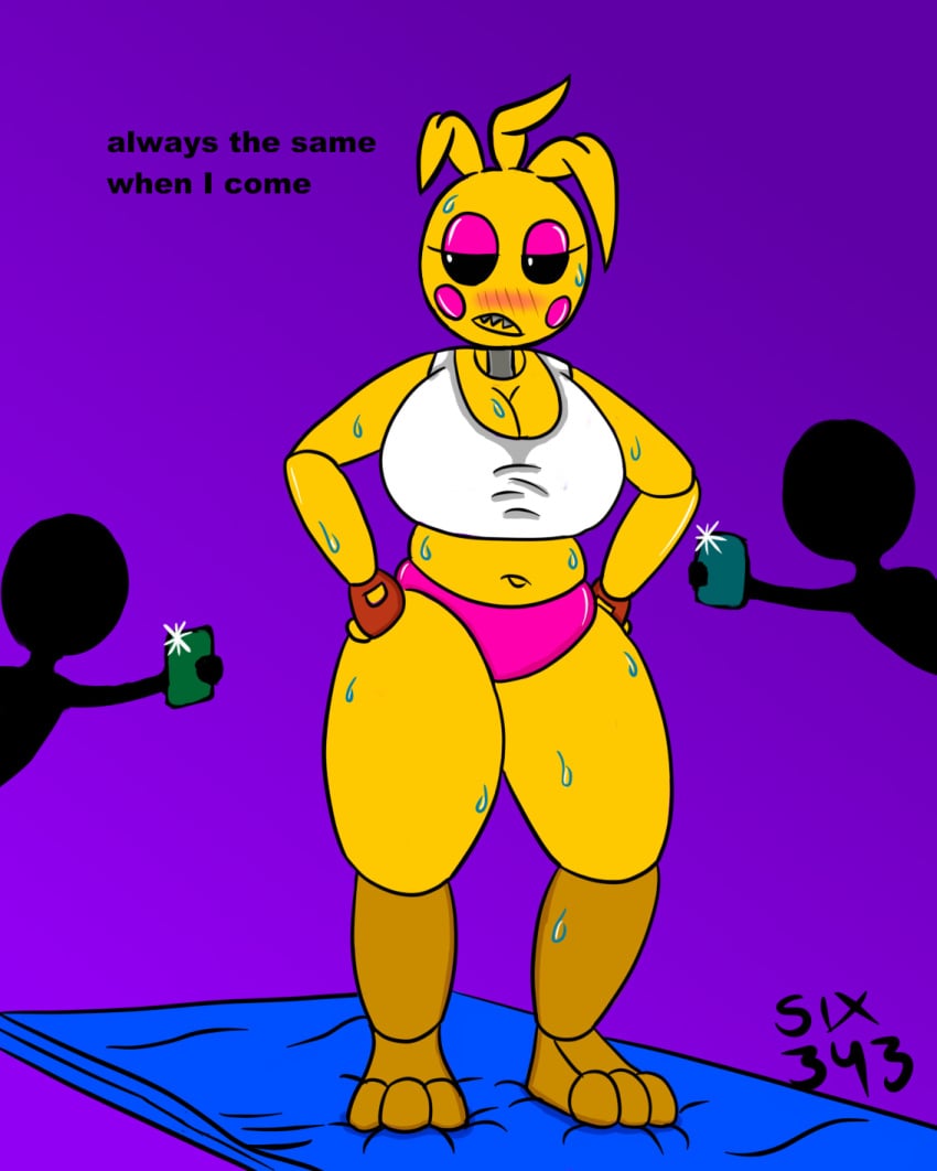 1girls animatronic black_sclera chicken exercise female five_nights_at_freddy's five_nights_at_freddy's_2 fnaf robot scottgames six343 sweat sweaty toy_chica_(fnaf) working_out workout yellow_body