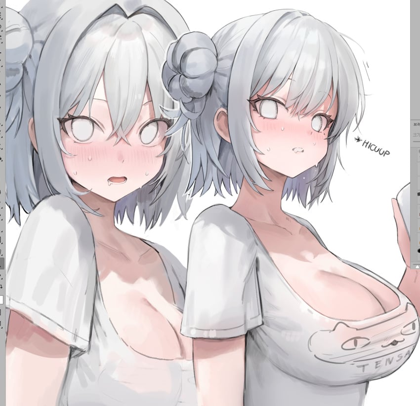 1girls ass azur_lane blue_eyes blush breasts cleavage freng huge_breasts iron_blood_(azur_lane) jade_(azur_lane) light-skinned_female light_skin looking_at_viewer see-through_clothing smile sweating text white_hair