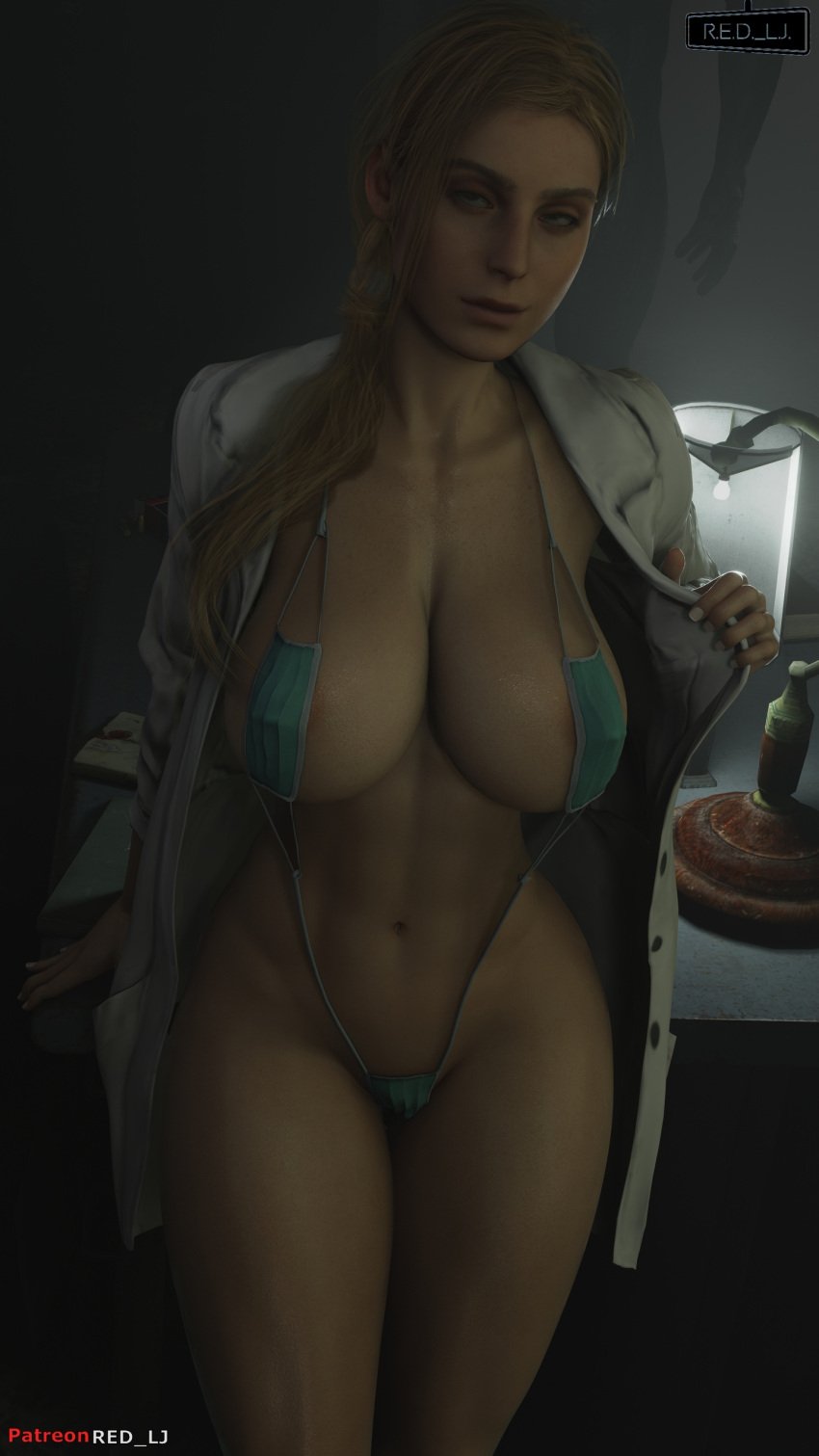 1boy 1girls 1monster 3d 3d_(artwork) annette_birkin blender_(software) blonde_hair blue_eyes capcom female humanoid labcoat mask_bikini milf mommy mother patreon_username red_lj resident_evil resident_evil_2 resident_evil_2_remake tied_hair yellow_hair