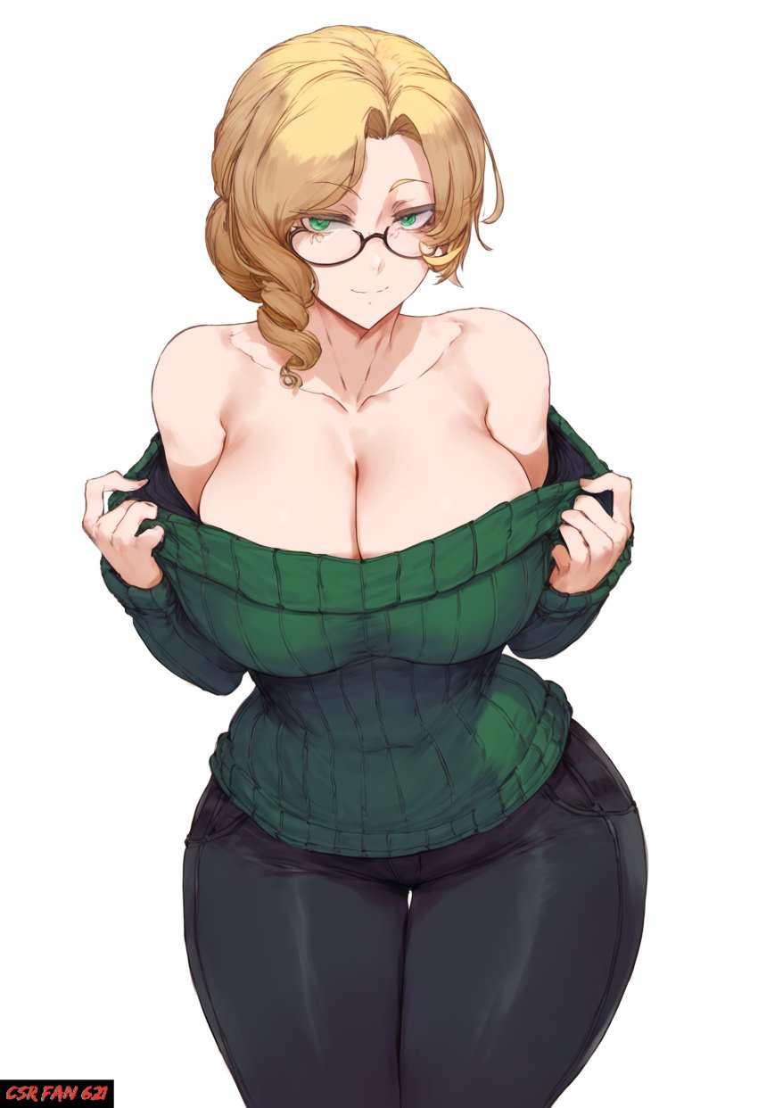 ai_generated bare_shoulders big_breasts black_jeans cleavage csr_fan_621 glasses glynda_goodwitch jeans large_breasts leaning_forward looking_at_viewer ribbed_sweater rwby self_upload sweater tagme thick_thighs voluptuous voluptuous_female