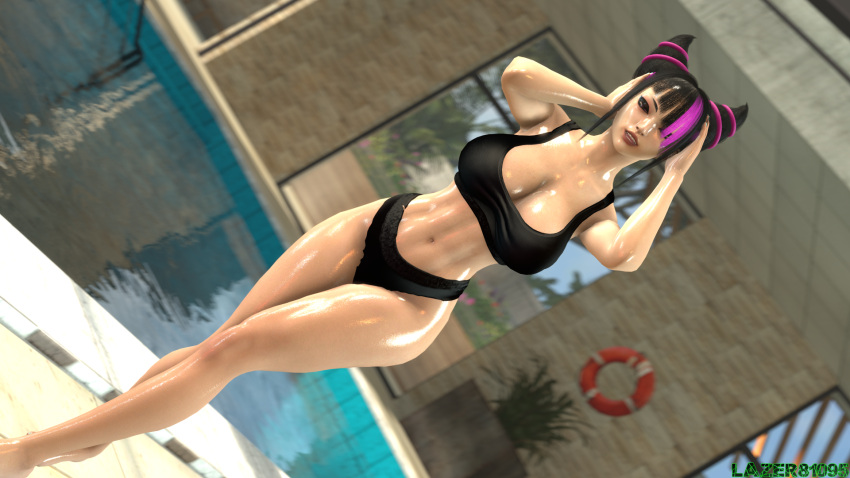 1080p 1920x1080 1girls 3d abs alternate_costume barefoot bikini black_bikini black_hair breasts capcom cleavage drill_hair dutch_angle hi_res high_resolution juri_han large_breasts lazer81095 legs lips long_hair looking_at_viewer midriff multicolored_hair multiple_sources navel pool poolside purple_eyes purple_hair shiny shiny_skin solo source_filmmaker sports_bra standing street_fighter street_fighter_6 swimsuit tagme thick_thighs thighs toes toned twin_drills water