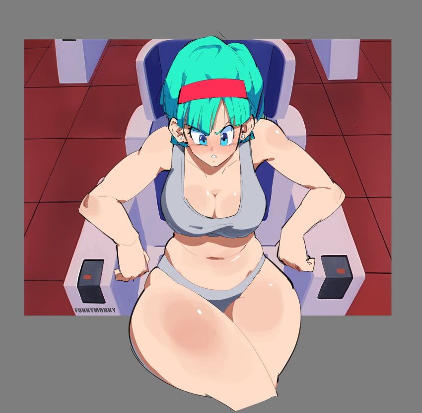 1girls big_breasts big_thighs blue_eyes blue_hair breasts bulma_briefs bulma_briefs_(frieza_saga) bulma_redraw_challenge_(meme) chair child_bearing_hips cleavage crossed_legs curvy curvy_female dragon_ball dragon_ball_z ear_piercing female female_focus female_only funnismonkis grey_panties grey_tank_top grey_underwear hairband large_breasts midriff navel panties red_hairband screencap_redraw short_hair sitting slightly_chubby_female solo tank_top thick thick_female thick_thighs thighs underwear wide_hips