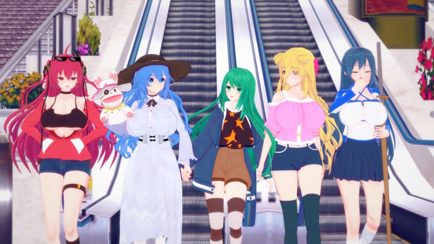 5girls belly big_breasts blonde_hair blue_eyes blue_hair breasts clothed date_a_live female female_only green_eyes green_hair himekawa_yoshino hoshimiya_mukuro itsuka_kotori kyouno_natsumi light-skinned_female long_hair red_eyes red_hair shorts skirt takamiya_mana thighs yellow_eyes yoshinon