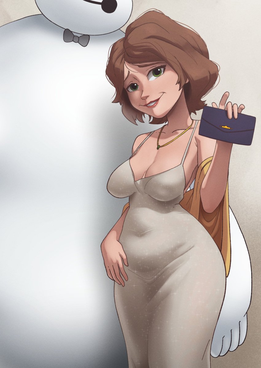 1girls aunt_cass baymax big_breasts big_hero_6 brown_hair cass_hamada coolerinker disney dress grey_dress inker_comics inkershike large_breasts marvel marvel_comics short_hair