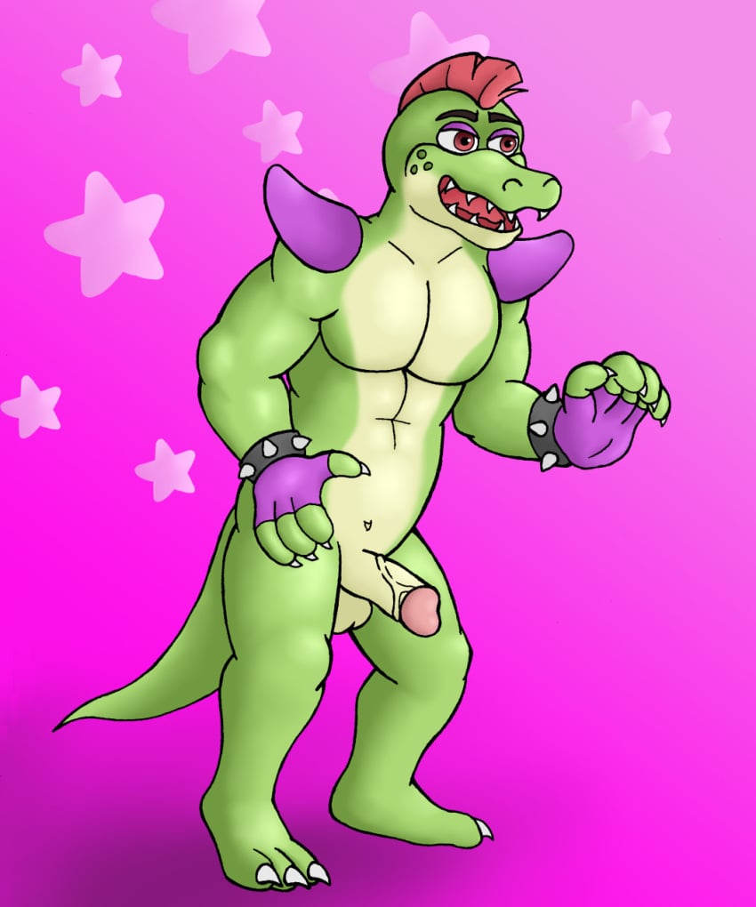 alligator alligator_tail alligatorid alligatorid_humanoid animatronic anthro background biceps body_markings crocodile crocodile_tail crocodilian crocodylid facial_markings five_nights_at_freddy's five_nights_at_freddy's:_security_breach fnaf green_body lighting_bolt machine male_only mohawk mohawk_(hairstyle) montgomery_gator_(fnaf) muscular muscular_anthro muscular_arms muscular_male muscular_thighs non-human non_mammalian_nipples pink_background pink_glans red_hair reptile reptile_humanoid robot robot_humanoid scottgames semi-erect simple_background solo_focus solo_male spiked_bracelet spotted_body steel_wool_studios tail tail_markings tattoo two_tone_body veiny_penis