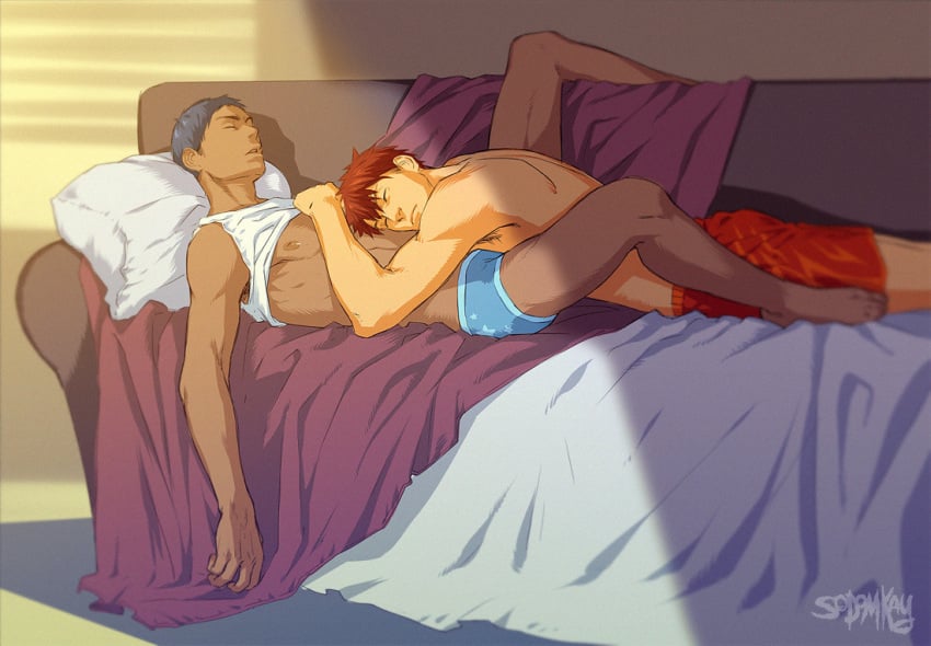 aomine_daiki couch daiki_aomine kagami_taiga kuroko's_basketball kuroko_no_basuke laying_on_person male male/male navy_blue_hair red_hair red_hair_on_blue_hair short_hair sleeping taiga_kagami tan_skin