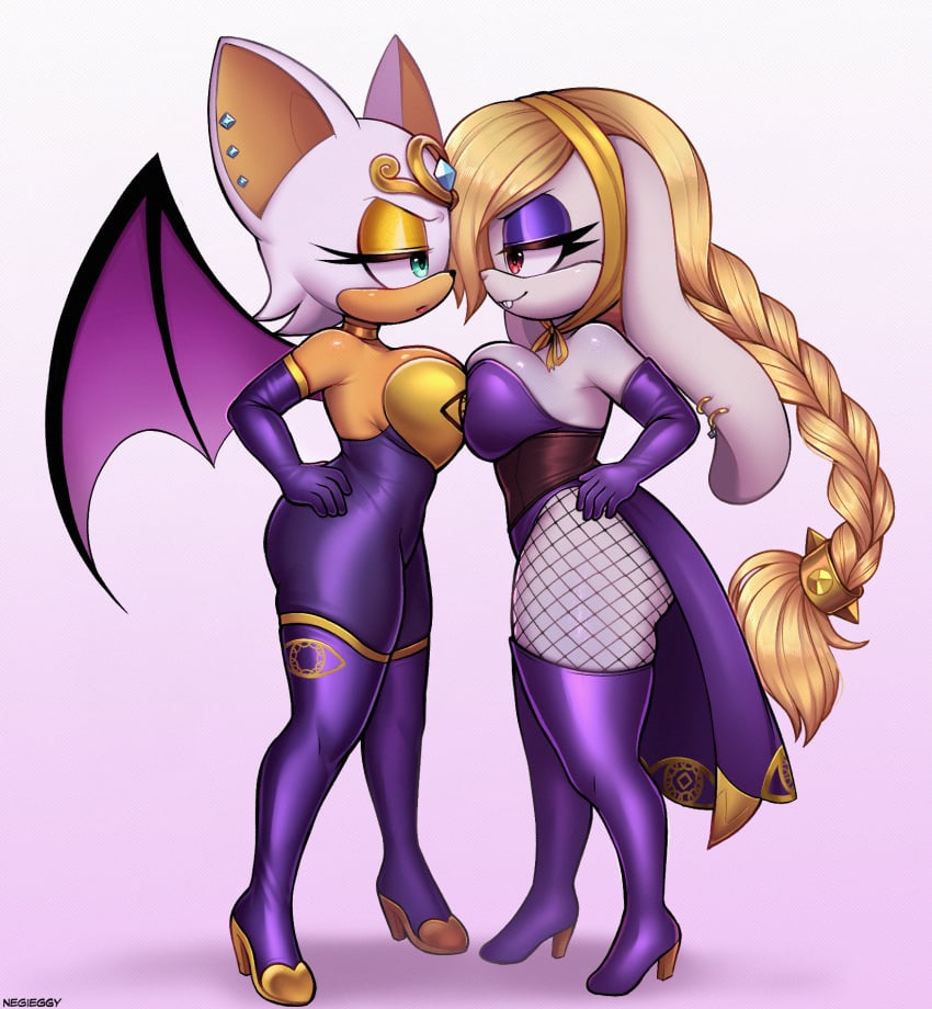 2girls alternate_costume bat_girl bodysuit braided_ponytail breast_press broodal choker commission corset crossover elbow_gloves fishnets furry gold goth goth_girl hands_on_hips hariet_(mario) high_heel_boots high_heels lagomorph latex long_ears makeup mario_(series) multiple_girls negieggy nintendo piercings pout rabbit_girl rouge_the_bat sega shortstack smirk sonic_the_hedgehog_(series) staring tagme thighhighs treasured_hunter white_fur wings