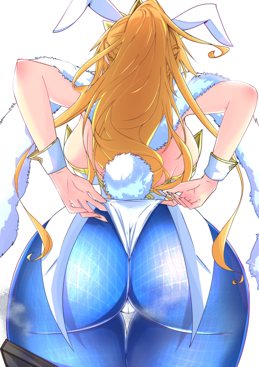 1girls absurdres adjusting_clothes animal_ears artoria_pendragon artoria_pendragon_(lancer) artoria_pendragon_(swimsuit_ruler) ass back backboob bare_shoulders big_ass blonde_hair blue_legwear braid breasts bunny_ears bunny_tail bunnysuit fate/grand_order fate_(series) feather_boa female female_only fishnet_legwear fishnets french_braid fully_clothed highleg highleg_leotard highres huge_filesize kikikitama large_ass large_breasts leotard long_hair ponytail sideboob solo tail thick_thighs thigh_gap thigh_strap thighs white_leotard wrist_cuffs