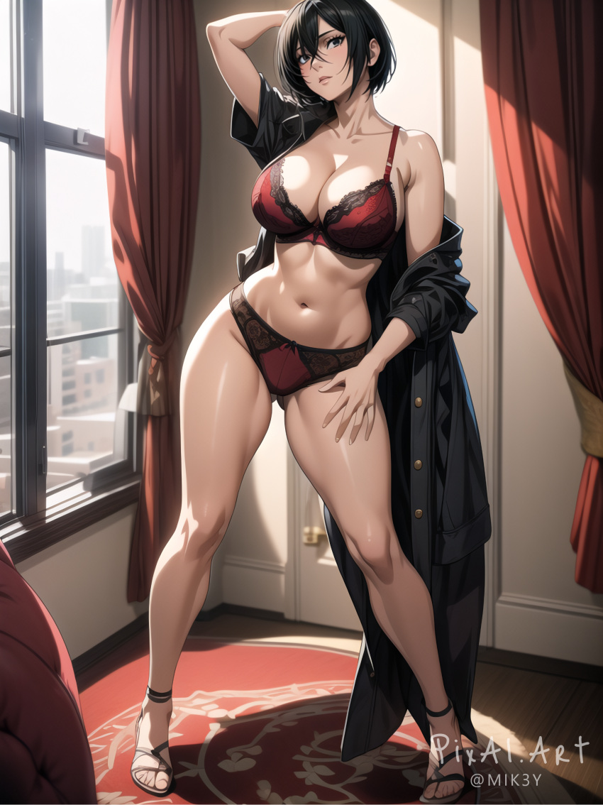 1girls ai_generated attack_on_titan black_hair female hi_res highres hotel lace_lingerie large_breasts lingerie mikasa_ackerman milf pixai pose red_lingerie short_hair standing undressing window