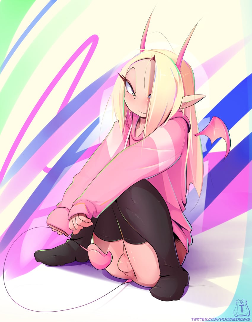 balls ballsack blonde_hair colorful_background elf elf_ears femboy fifi_(hoodie) hoodie hoodie_(artist) horns kneesocks looking_at_viewer no_panties sitting tail trap wings