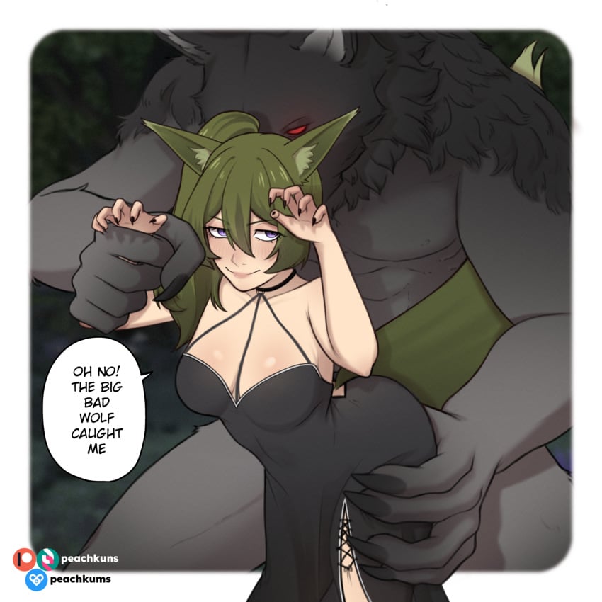 übel black_dress dress fox_ears fox_humanoid fox_tail furry goth_girl green_hair humanoid_pointy_ears peachkuns purple_eyes sharp_nails side_ponytail size_difference sousou_no_frieren ubel_(sousou_no_frieren) werewolf