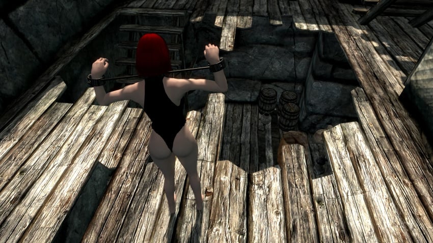 1girls 3d back_view bondage bound bound_wrists dirkjag leotard mod purple_leotard red_hair skyrim