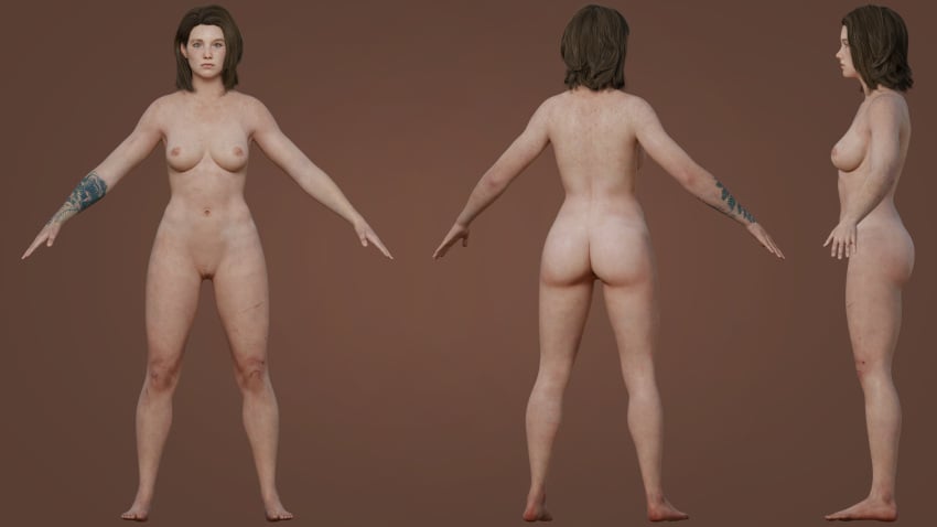 1girls 3d 3d_model a-pose a_pose ass barefoot breasts brown_hair completely_nude completely_nude_female ellie_(the_last_of_us) ellie_williams feet legs medium_breasts model_sheet nude nude_female standing tattoo the_last_of_us the_last_of_us_2 vittorio